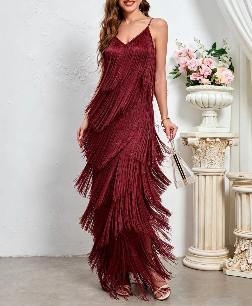 Tiered Fringe Spaghetti Strap Slit Maxi Dress - Burgundy