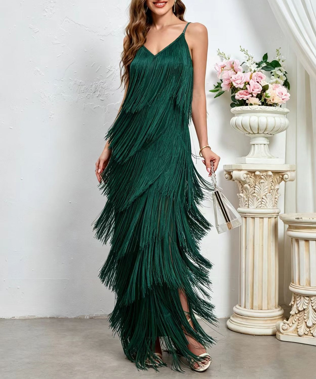 Tiered Fringe Spaghetti Strap Slit Maxi Dress - Dark Green