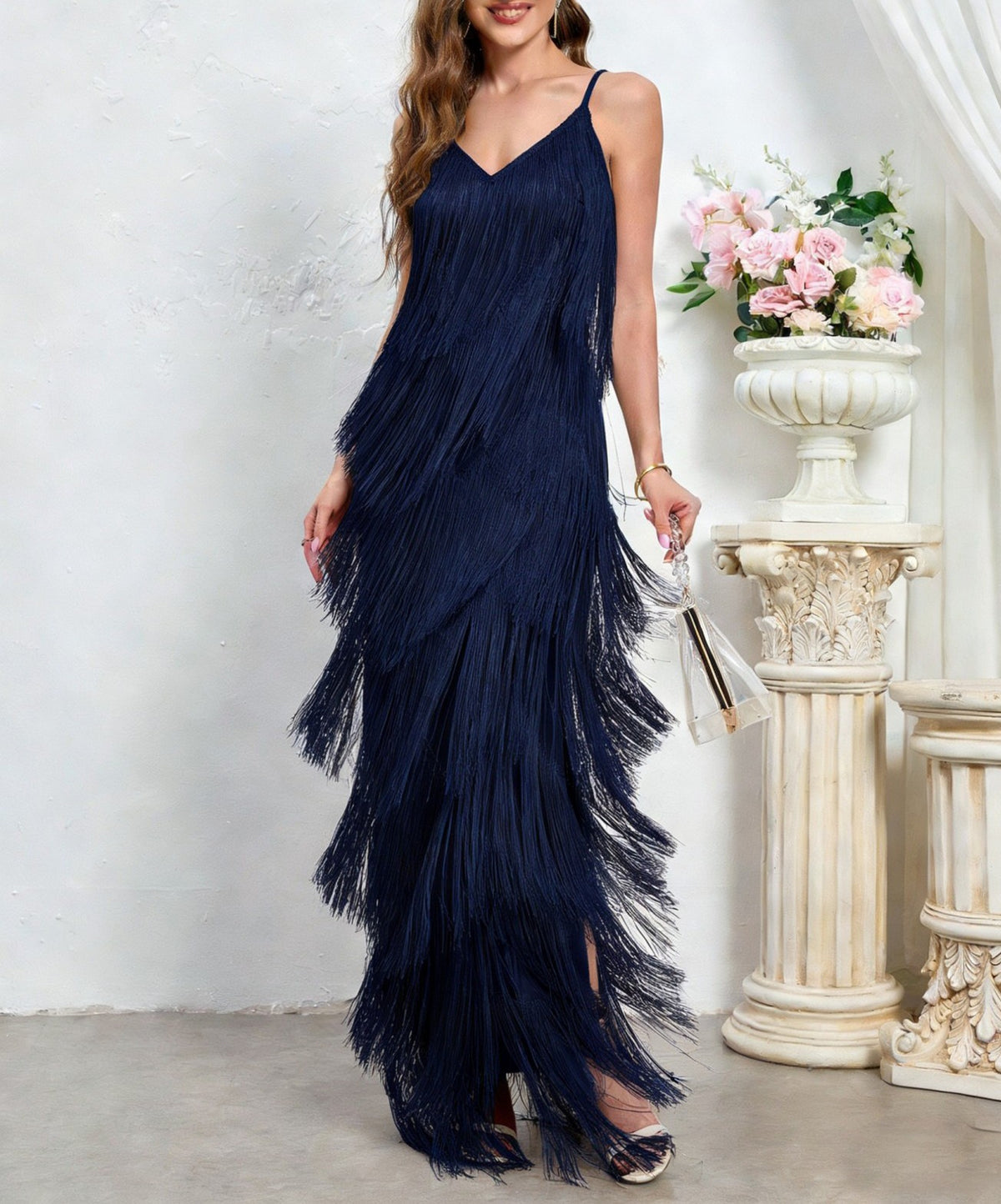Tiered Fringe Spaghetti Strap Slit Maxi Dress - Navy