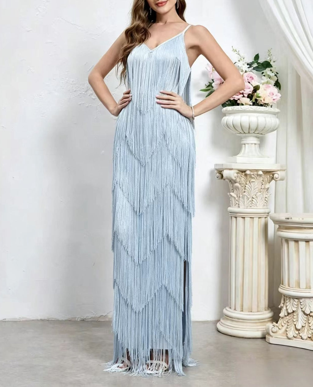 Tiered Fringe Spaghetti Strap Slit Maxi Dress - Sky Blue