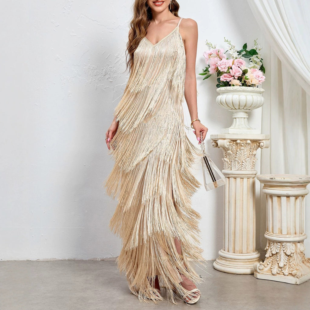 Tiered Fringe Spaghetti Strap Slit Maxi Dress