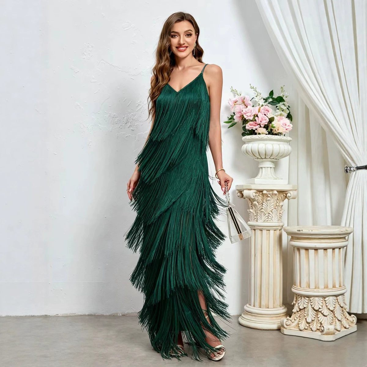 Tiered Fringe Spaghetti Strap Slit Maxi Dress