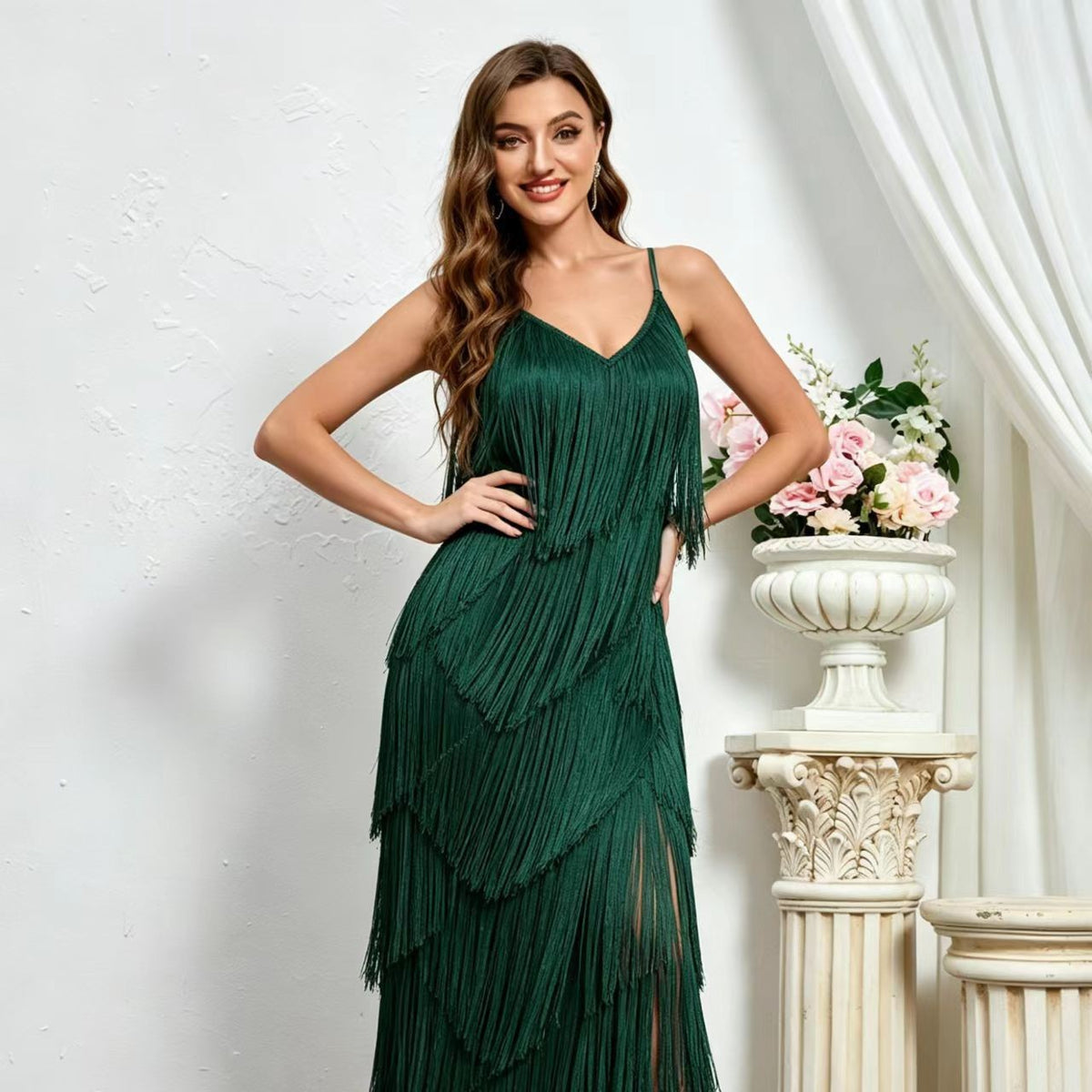 Tiered Fringe Spaghetti Strap Slit Maxi Dress