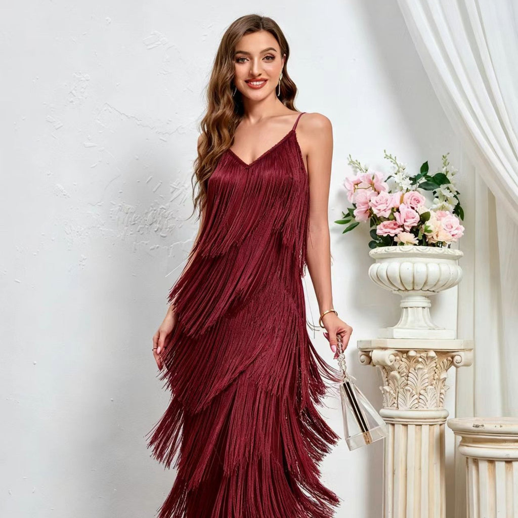 Tiered Fringe Spaghetti Strap Slit Maxi Dress