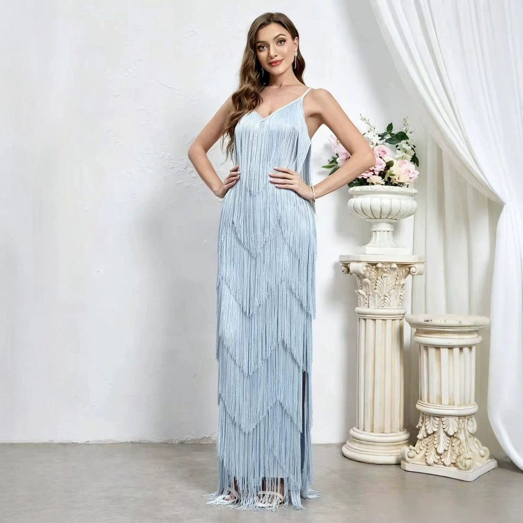 Tiered Fringe Spaghetti Strap Slit Maxi Dress