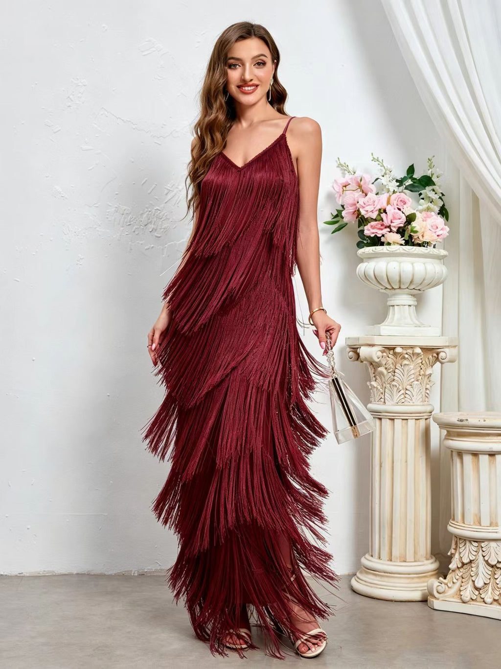 Tiered Fringe Spaghetti Strap Slit Maxi Dress