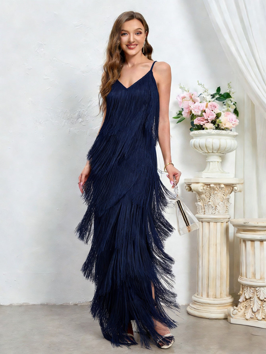Tiered Fringe Spaghetti Strap Slit Maxi Dress