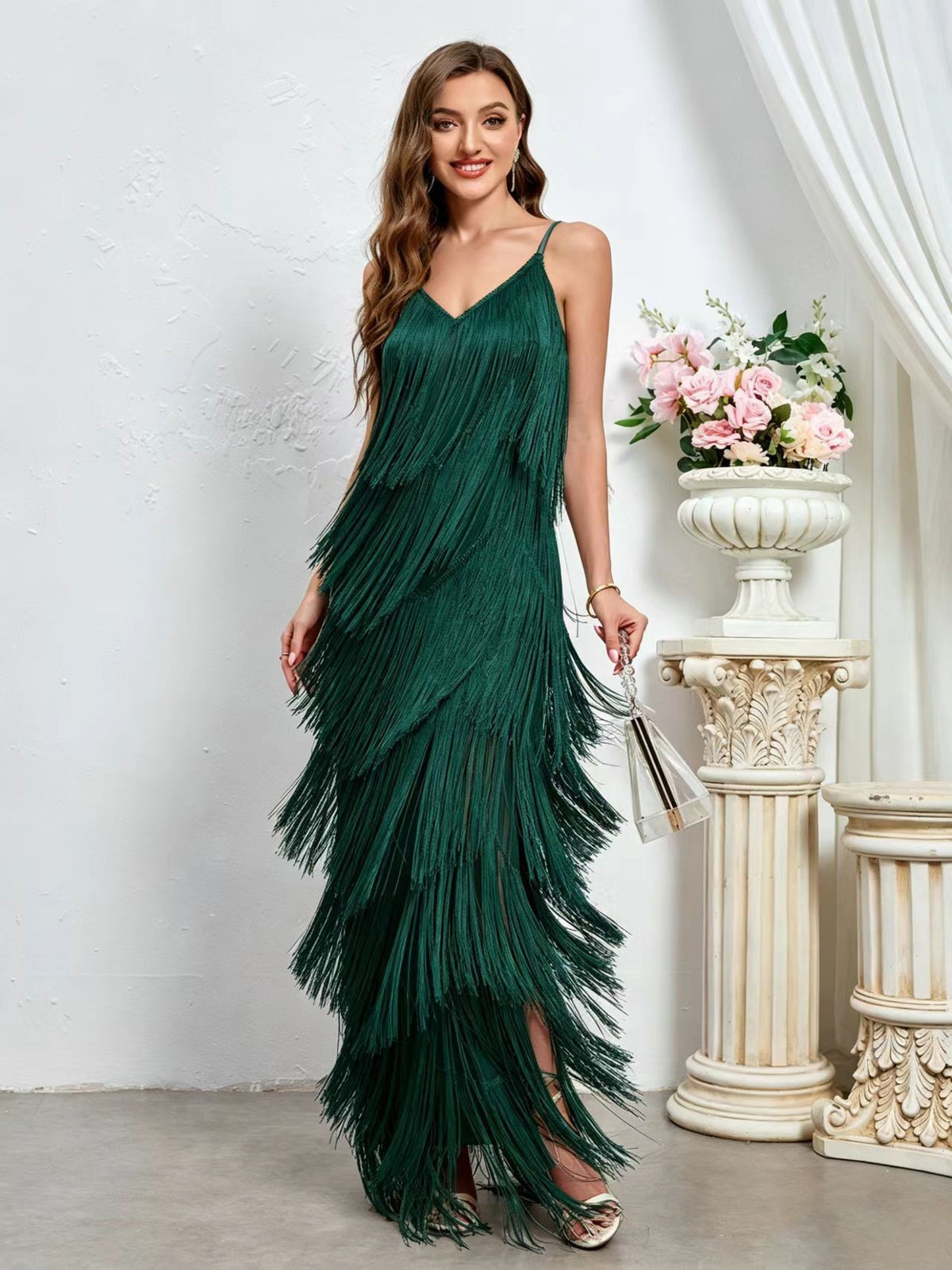 Tiered Fringe Spaghetti Strap Slit Maxi Dress