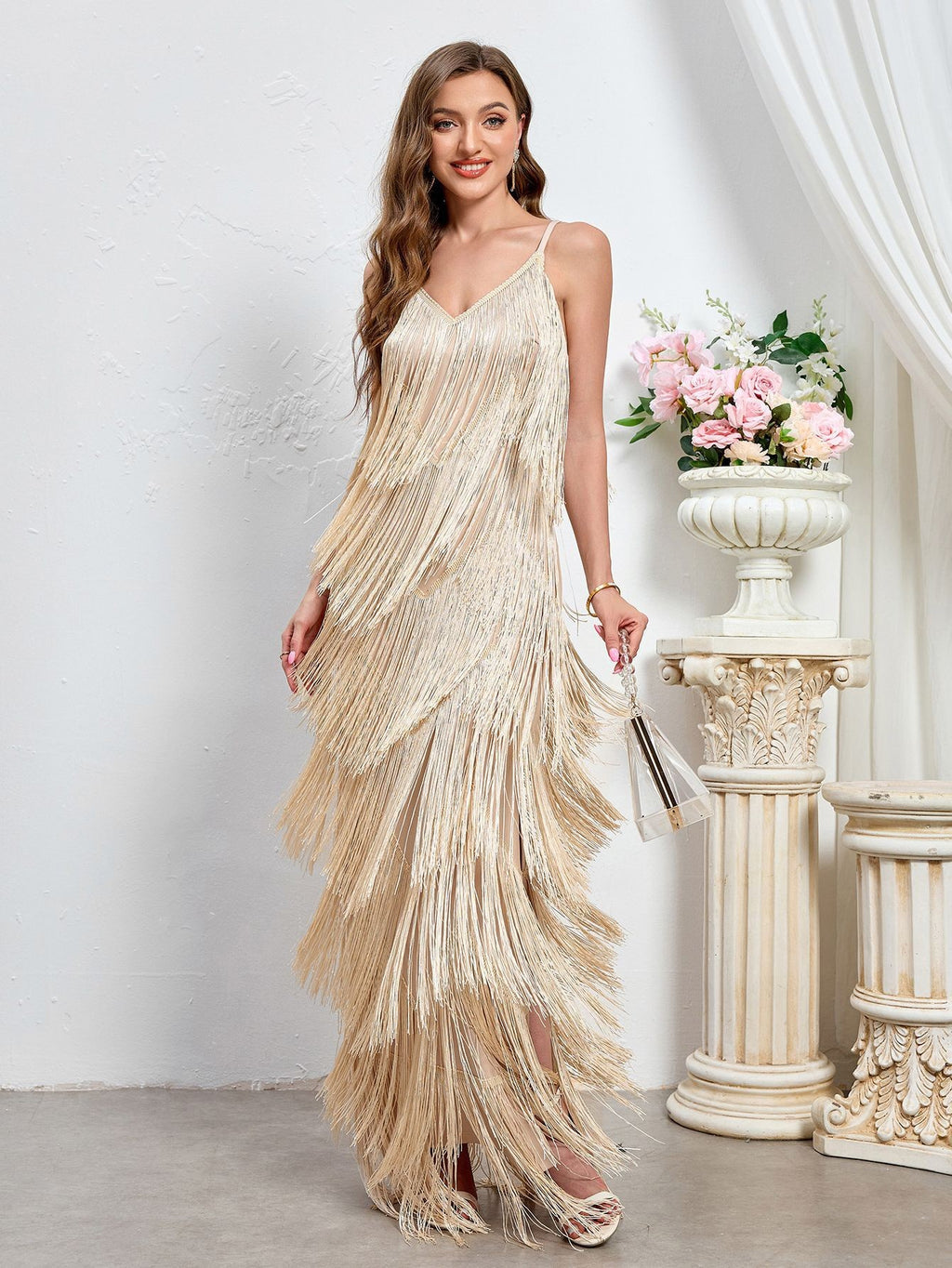 Tiered Fringe Spaghetti Strap Slit Maxi Dress