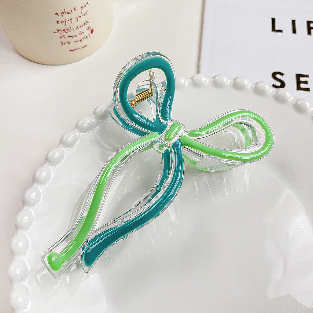 Ribbon Outline Bow Claw Hair Clip - green