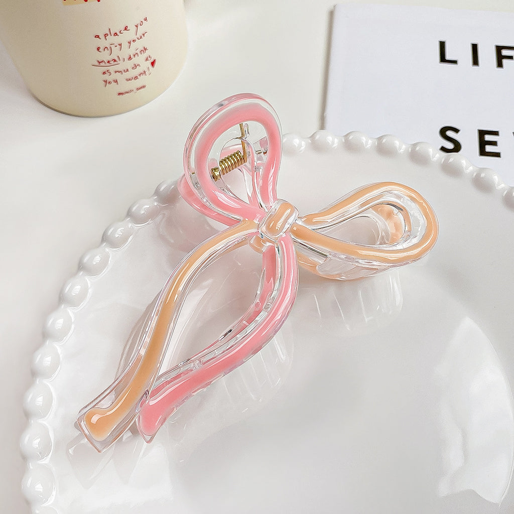 Ribbon Outline Bow Claw Hair Clip - pink