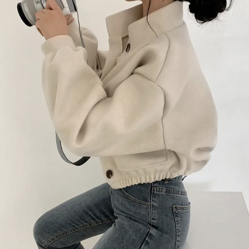 Cropped Stand Collar Utility Jacket with Flap Pockets - Apricot