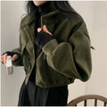 Cropped Stand Collar Utility Jacket with Flap Pockets - ArmyGreen