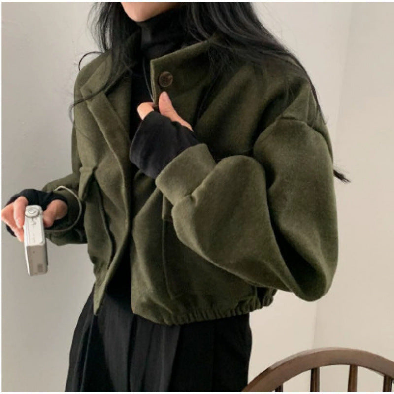 Cropped Stand Collar Utility Jacket with Flap Pockets - ArmyGreen