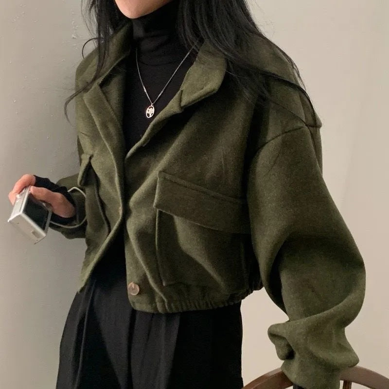 Cropped Stand Collar Utility Jacket with Flap Pockets - ArmyGreen - 1
