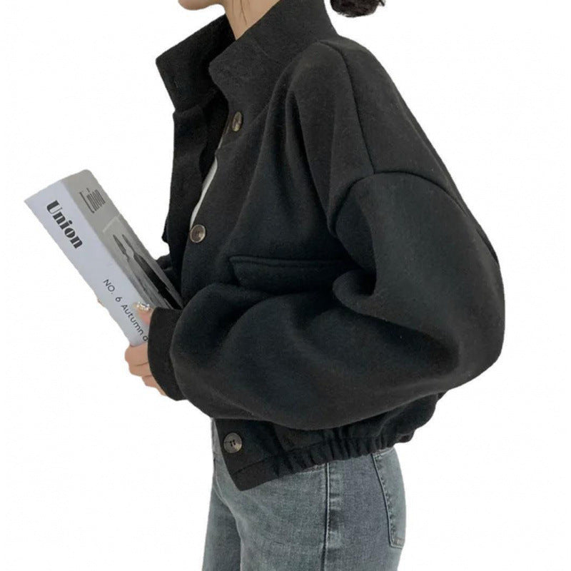 Cropped Stand Collar Utility Jacket with Flap Pockets - Black