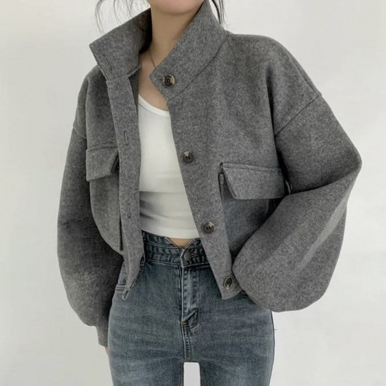 Cropped Stand Collar Utility Jacket with Flap Pockets - Gray