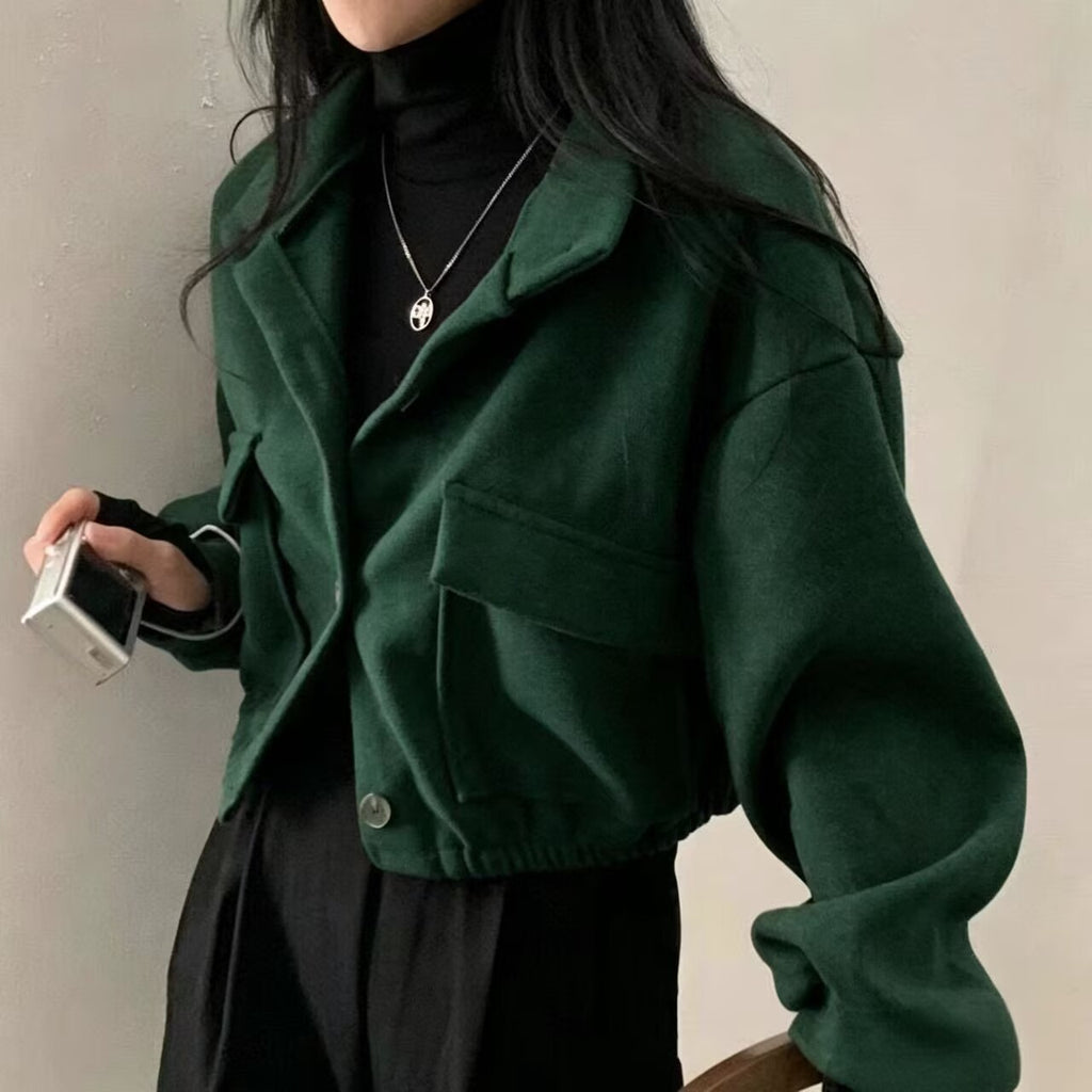 Cropped Stand Collar Utility Jacket with Flap Pockets - Green