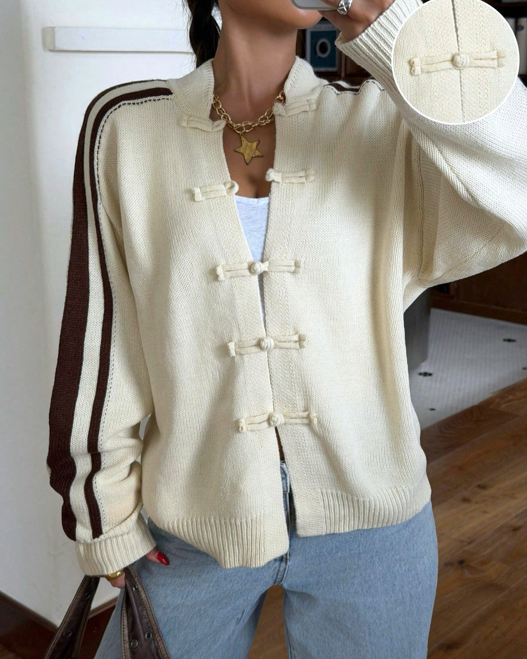 Frog Closure Stripe Sleeve Knit Cardigan - Apricot