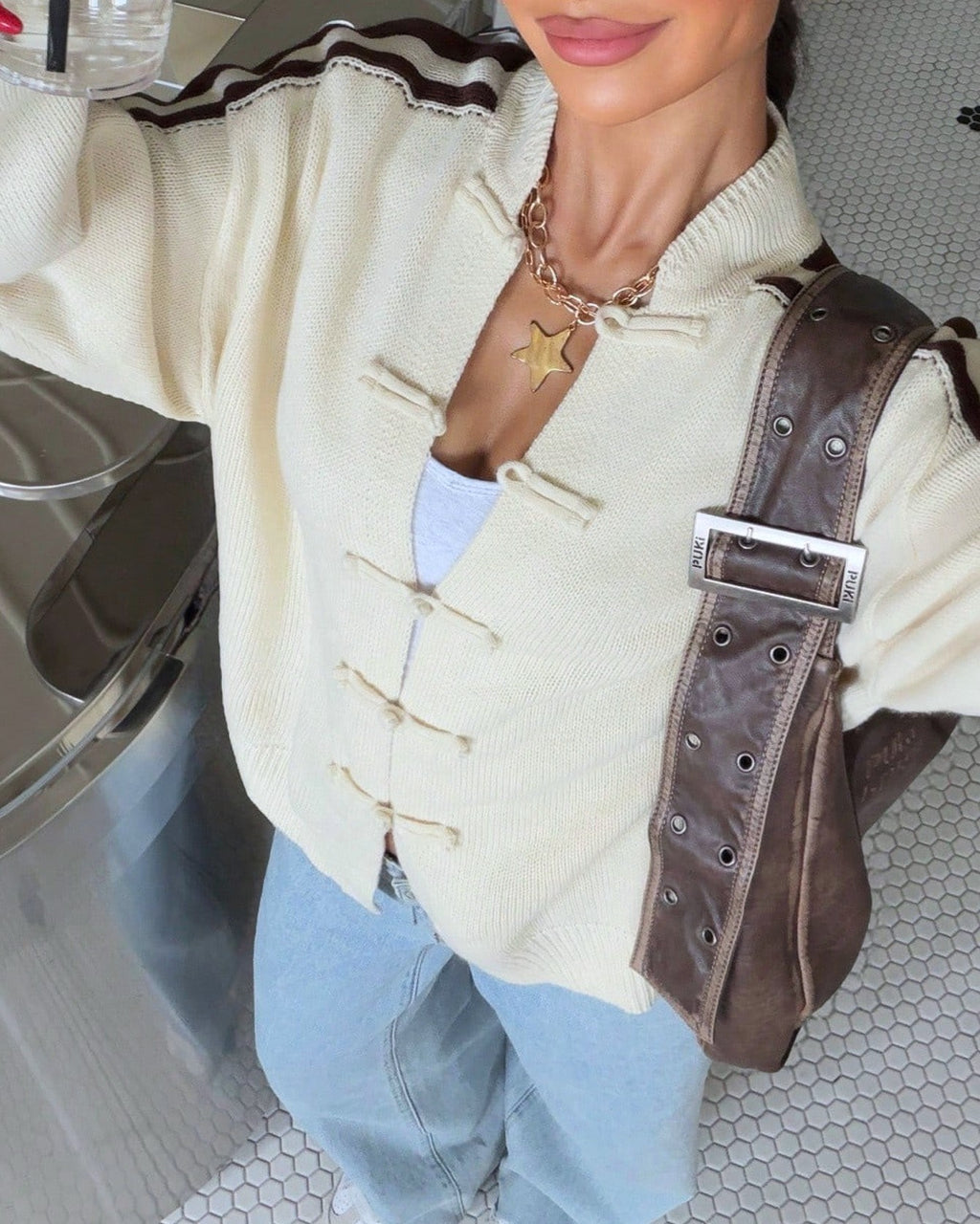 Frog Closure Stripe Sleeve Knit Cardigan - Apricot - 2