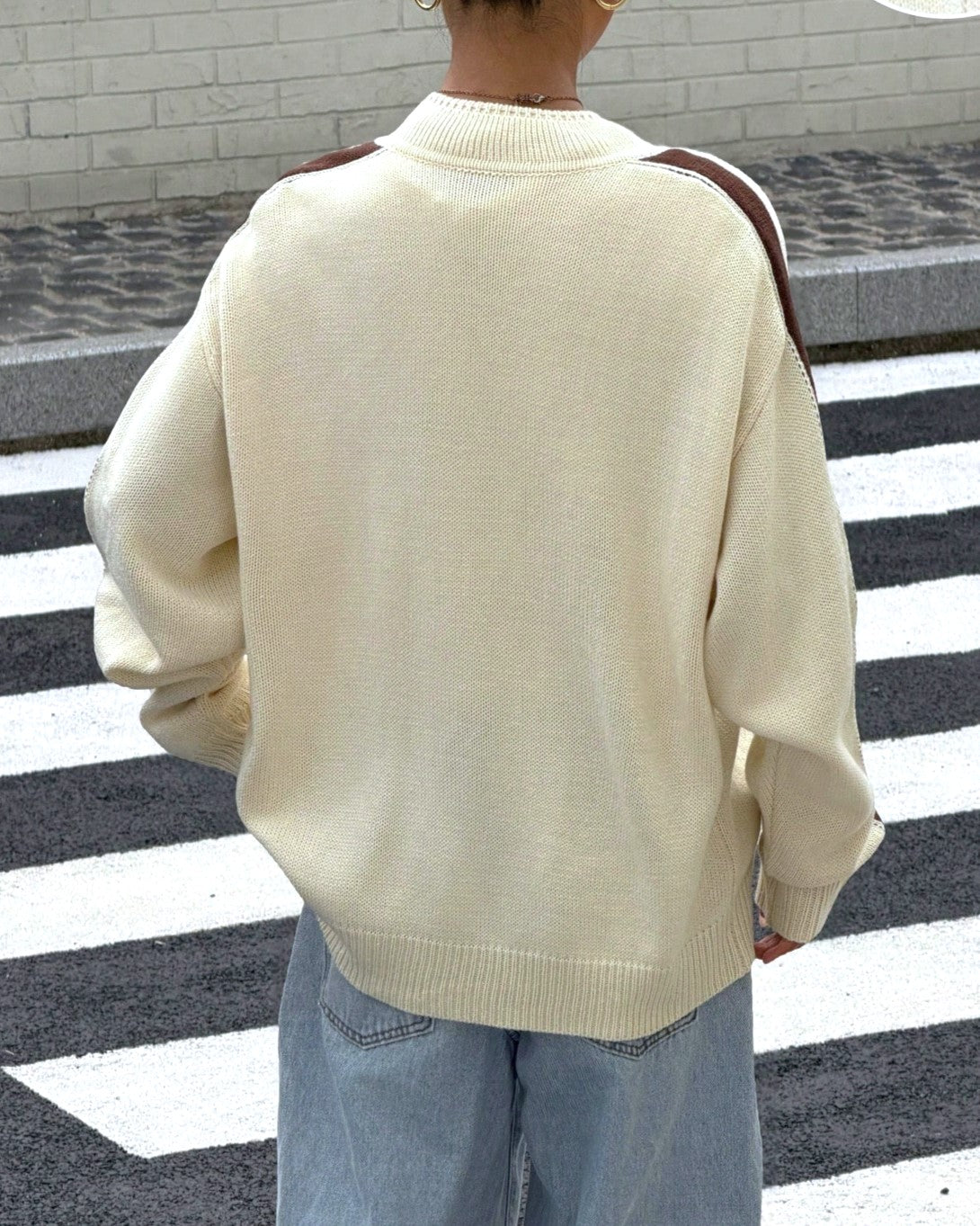 Frog Closure Stripe Sleeve Knit Cardigan - Apricot - 3