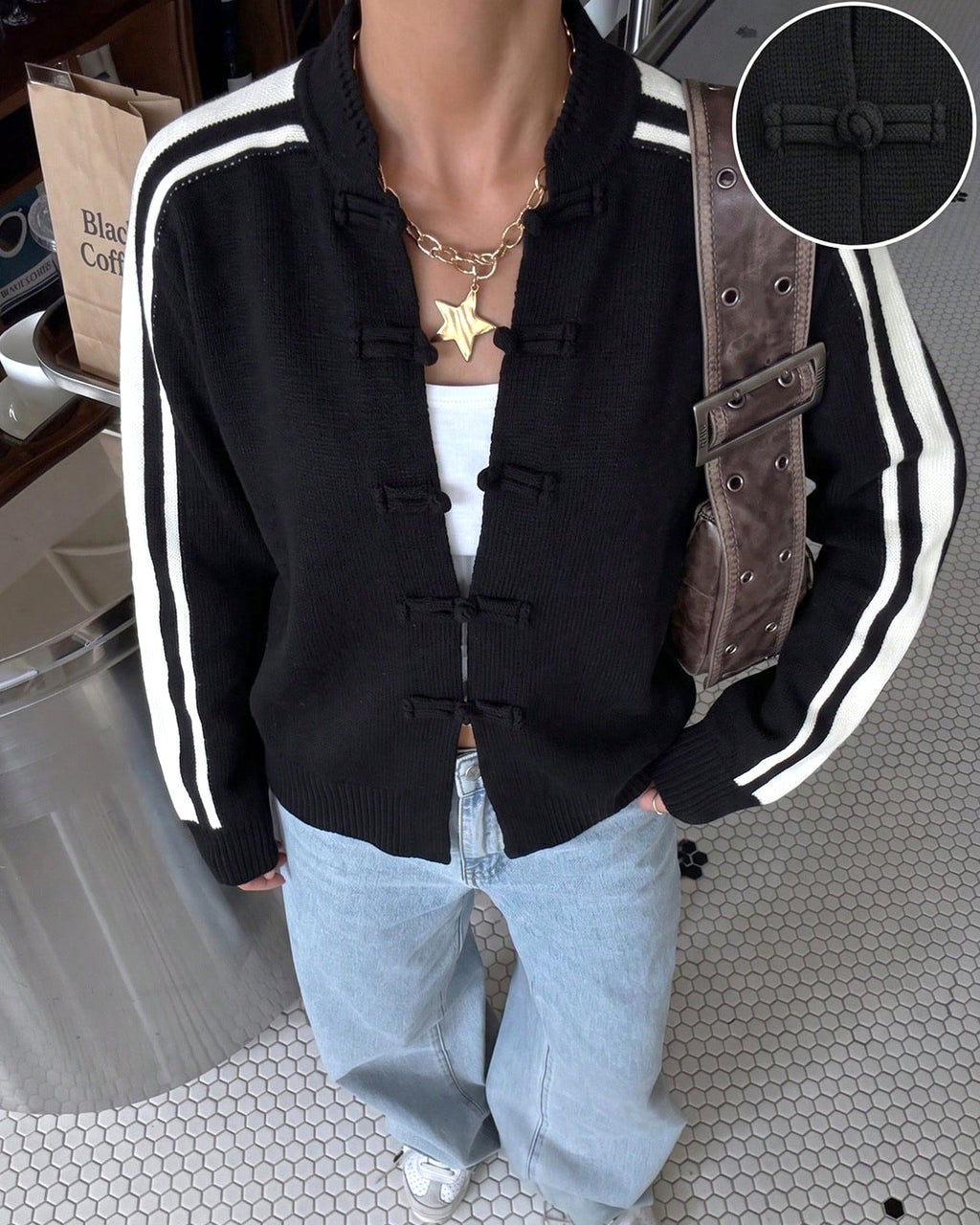 Frog Closure Stripe Sleeve Knit Cardigan - Black