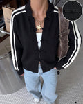 Frog Closure Stripe Sleeve Knit Cardigan - Black