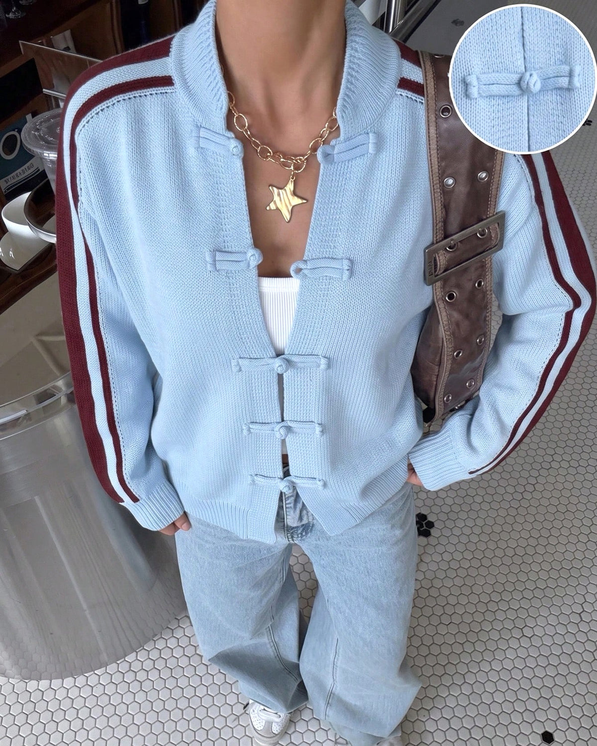 Frog Closure Stripe Sleeve Knit Cardigan - Blue