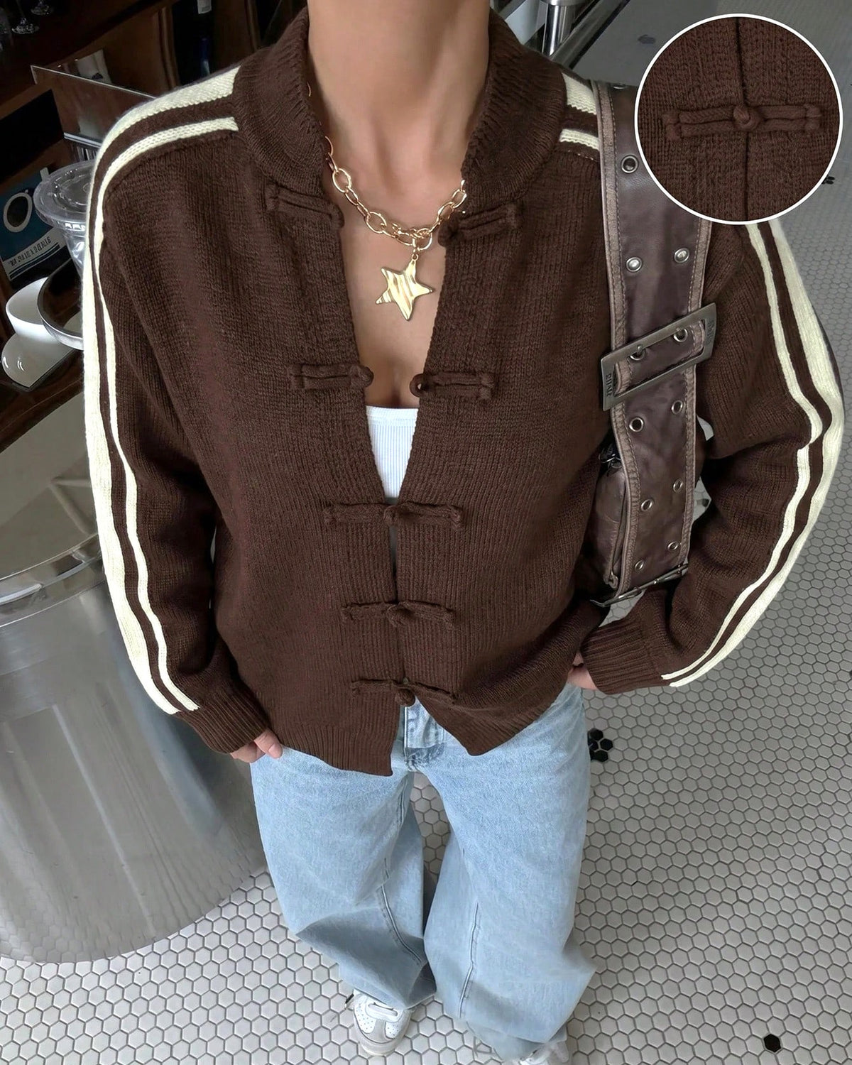 Frog Closure Stripe Sleeve Knit Cardigan - Coffee