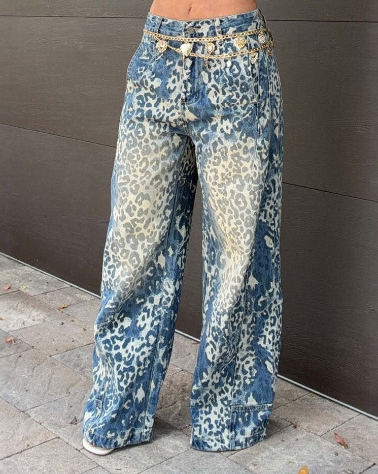 Blue Faded Leopard Print Baggy Wide Leg Jeans - Blue