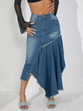 Frayed Handkerchief Hem Denim Midi Skirt - Blue