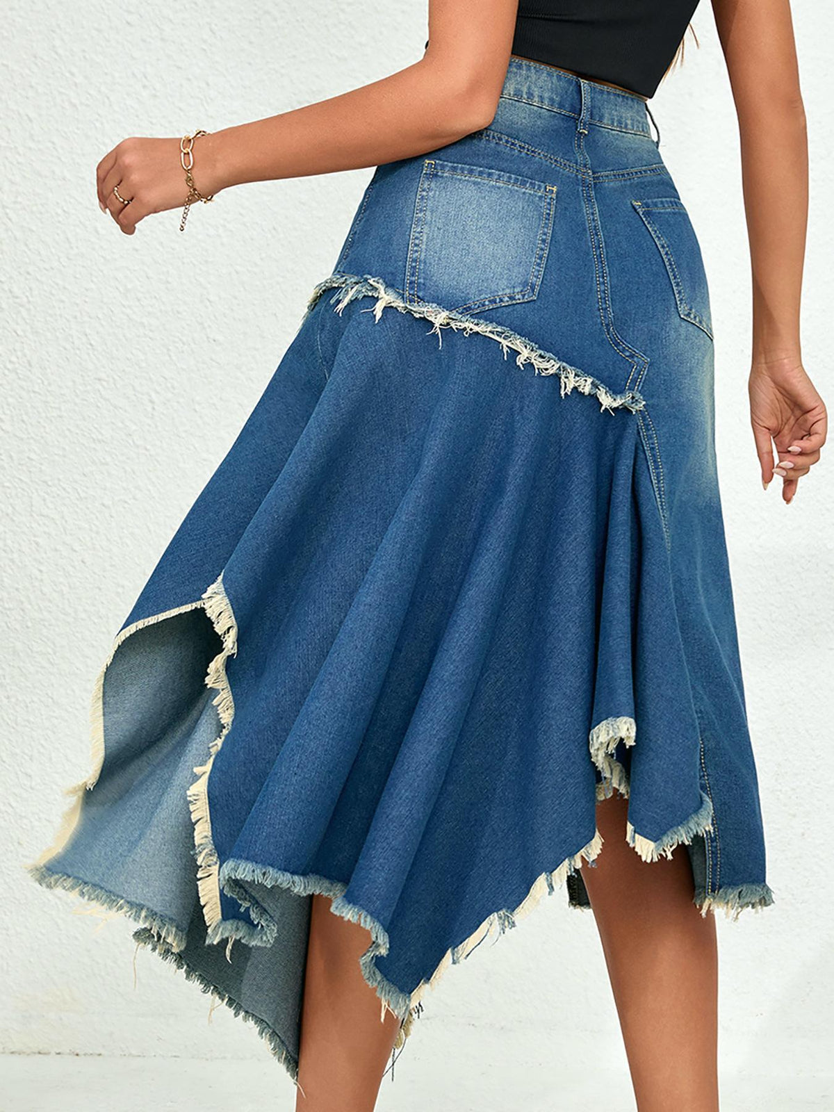 Frayed Handkerchief Hem Denim Midi Skirt - Blue - 2