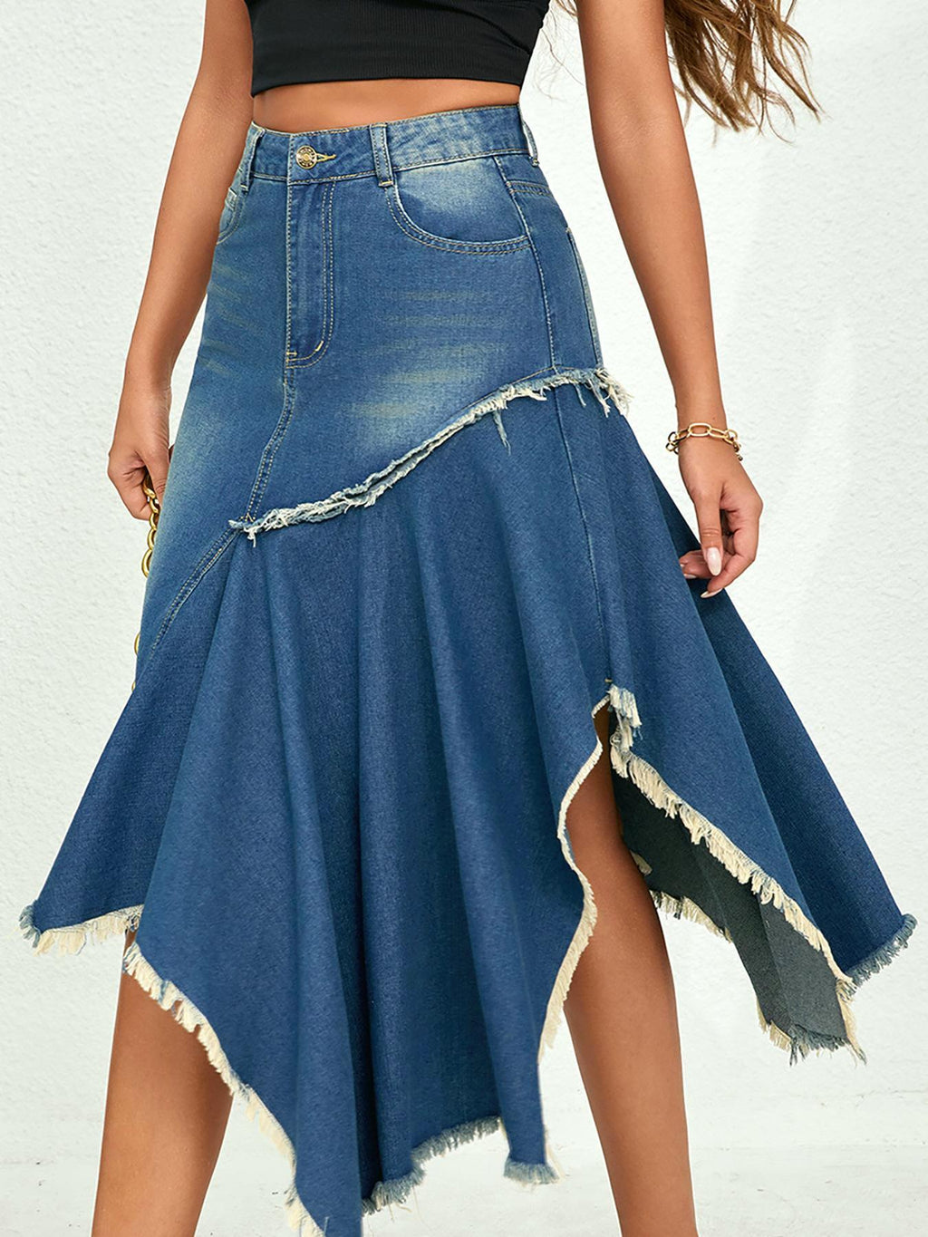 Frayed Handkerchief Hem Denim Midi Skirt - Blue - 3