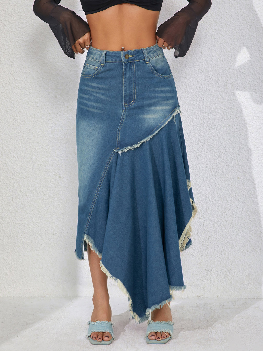 Frayed Handkerchief Hem Denim Midi Skirt - Blue - 4
