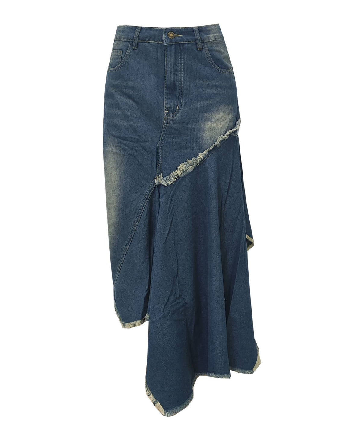 Frayed Handkerchief Hem Denim Midi Skirt