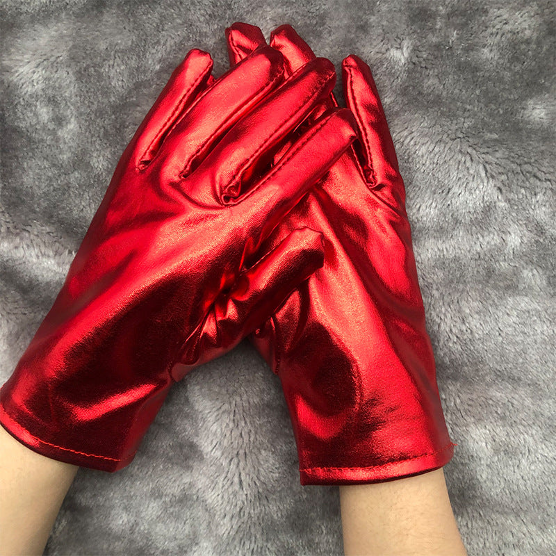 Metallic Wrist Length Party Gloves - Red