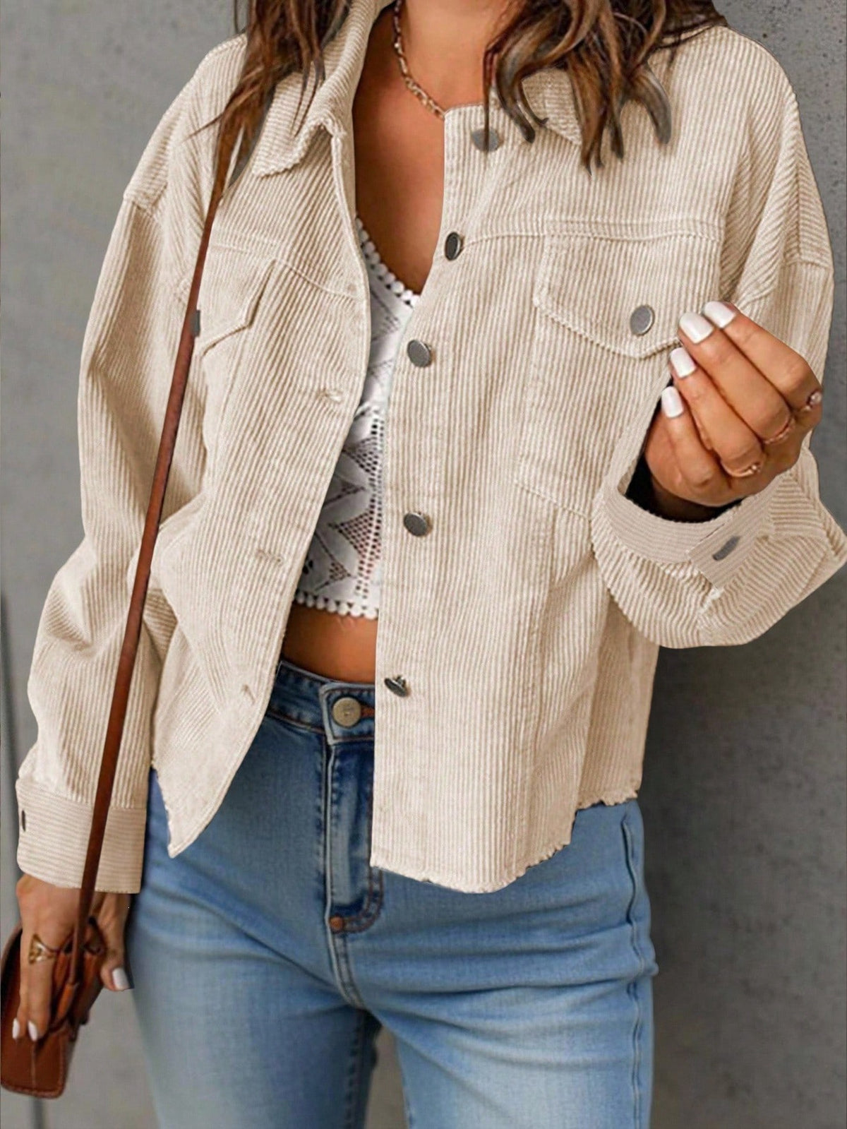 Vintage Corduroy Button-Up Shacket with Flap Pockets - Apricot