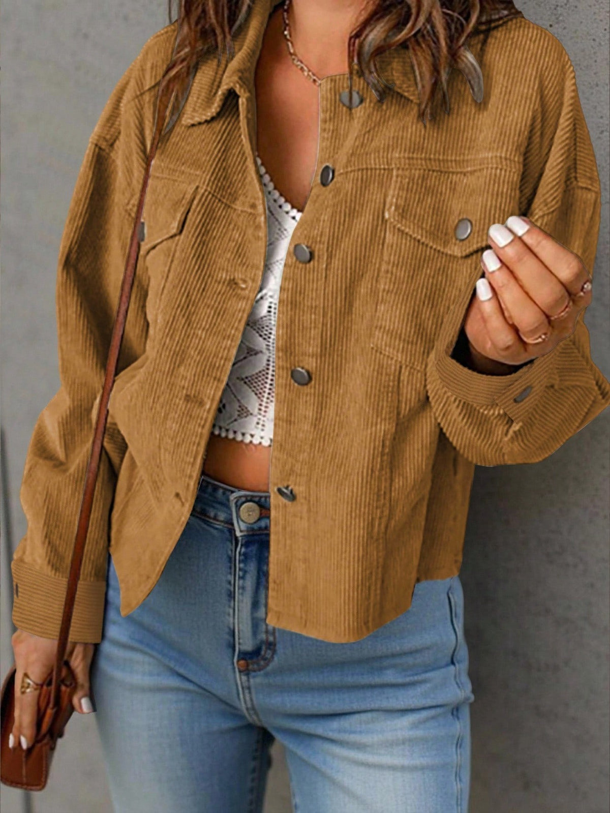 Vintage Corduroy Button-Up Shacket with Flap Pockets - Brown