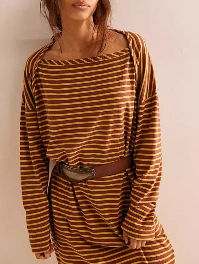 Striped Slouchy Long Sleeve Maxi Dress - Brown - 1