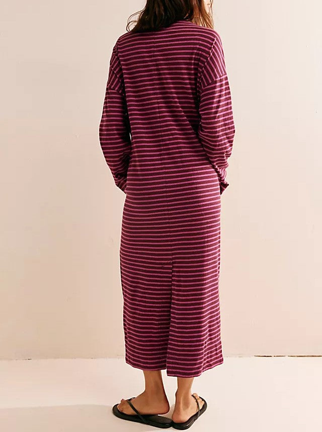 Striped Slouchy Long Sleeve Maxi Dress - Purple - 1