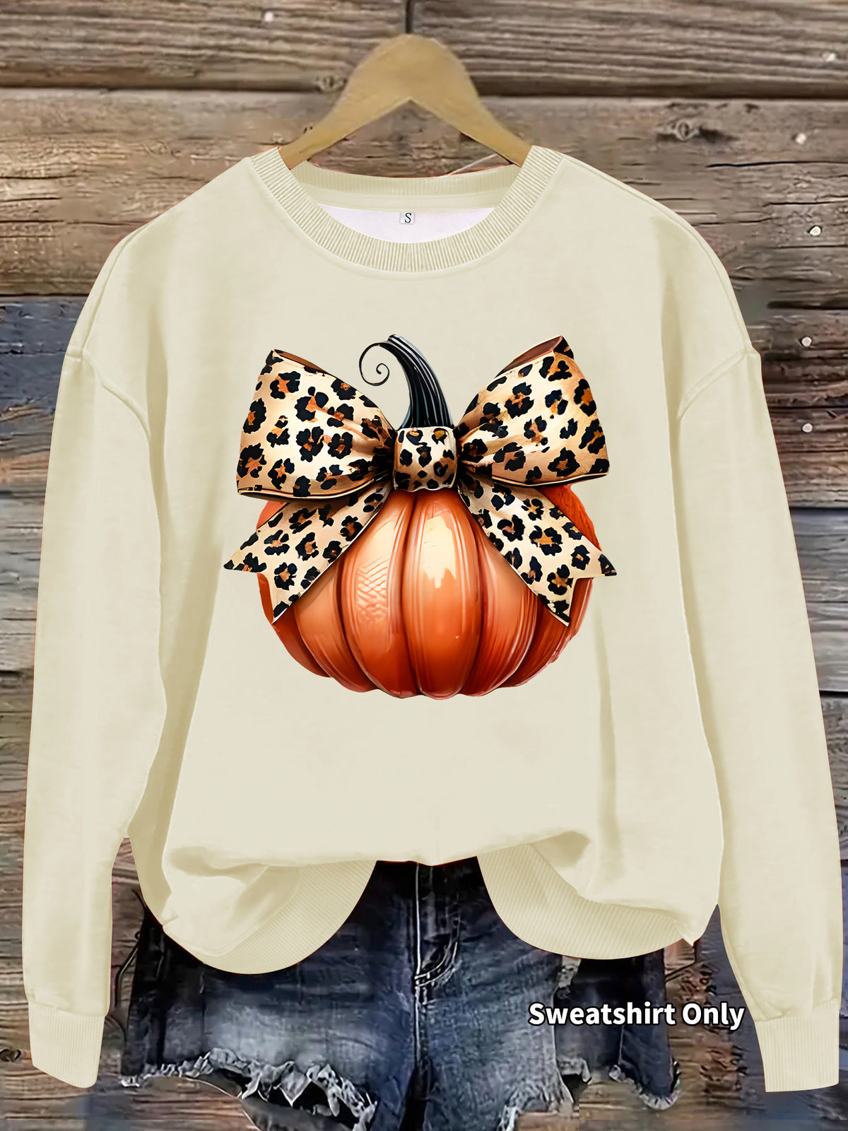 Animal Print Bow Pumpkin Graphic Sweatshirt - Apricot