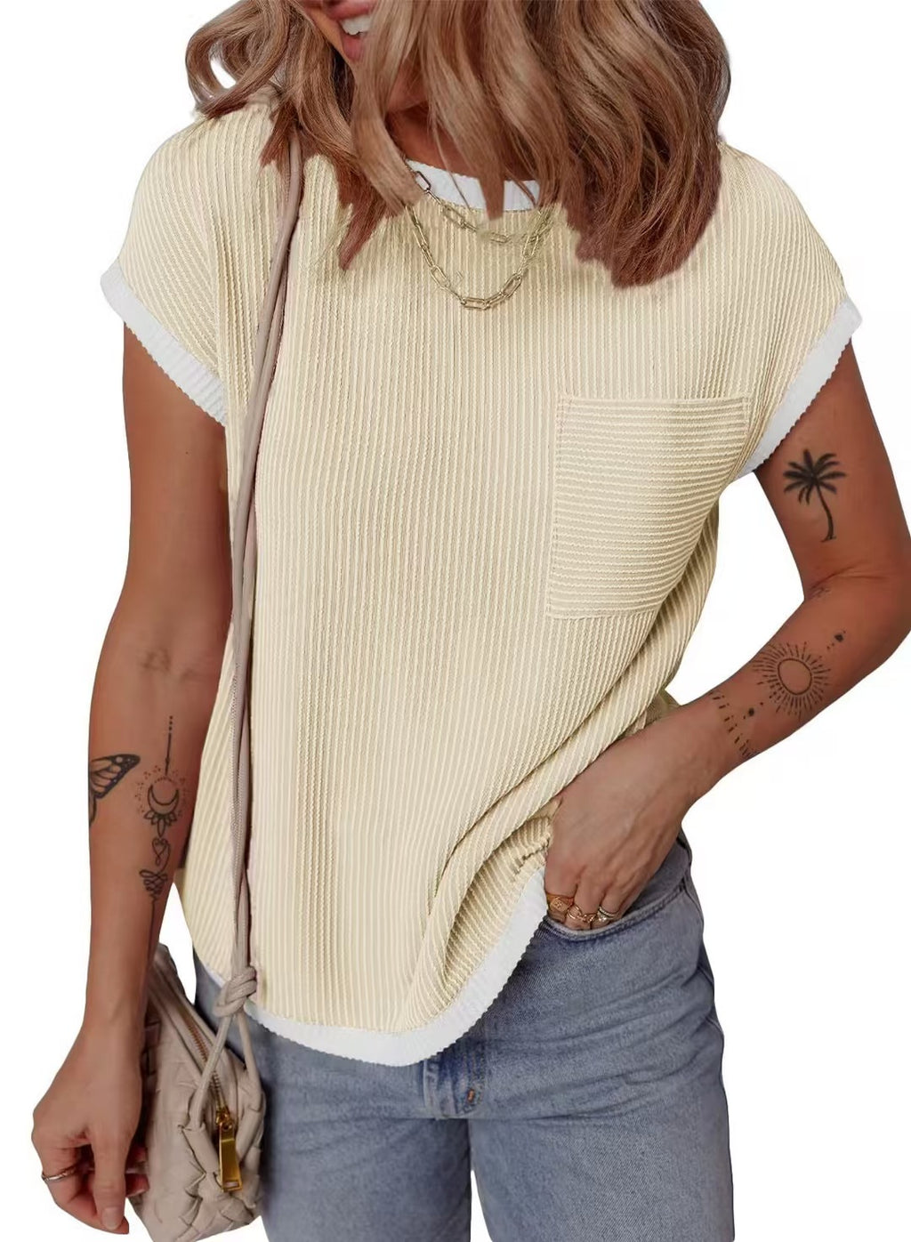 Contrast Trim Ribbed Cap Sleeve Tee - Apricot