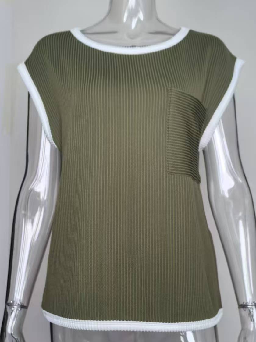 Contrast Trim Ribbed Cap Sleeve Tee - Green