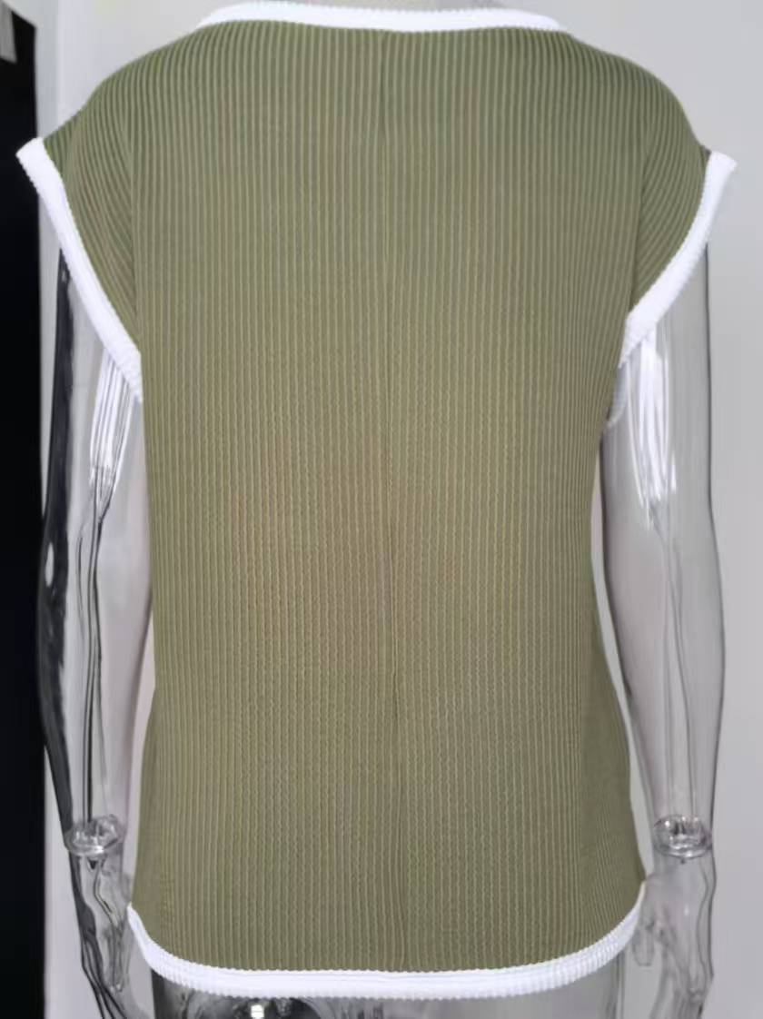 Contrast Trim Ribbed Cap Sleeve Tee - Green - 4