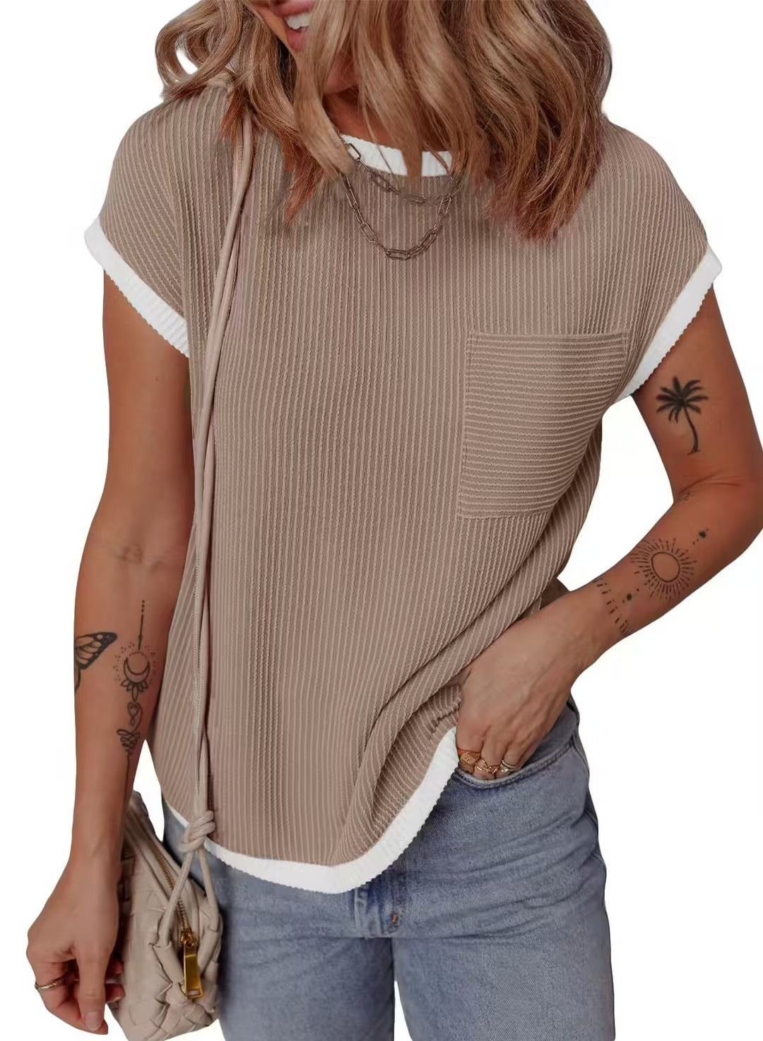 Contrast Trim Ribbed Cap Sleeve Tee - Khaki