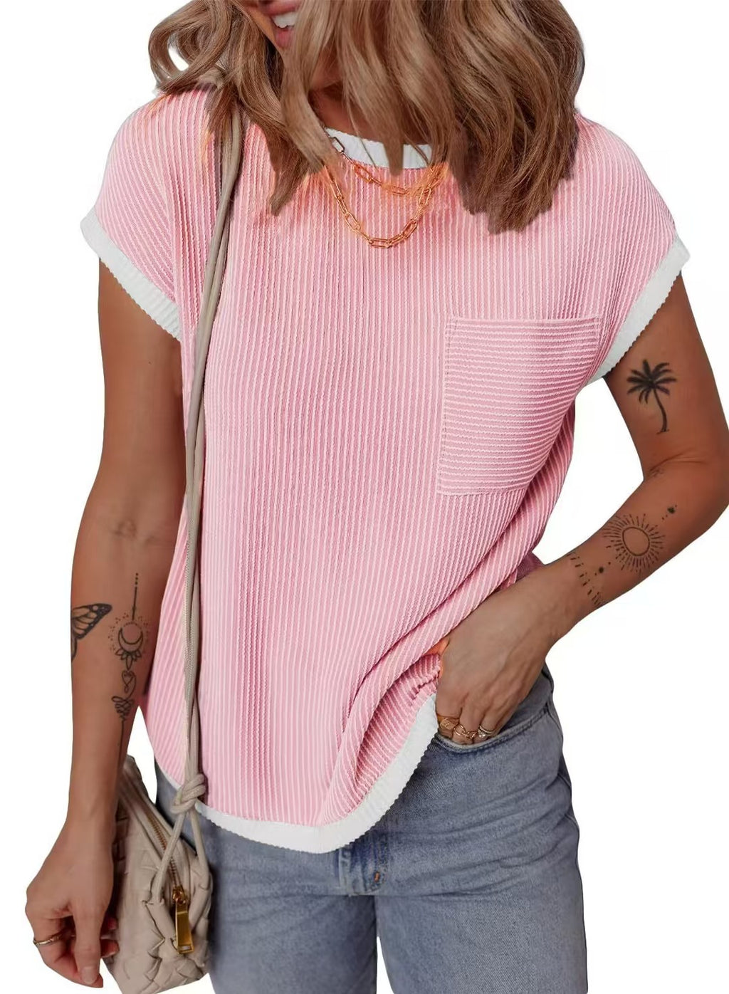Contrast Trim Ribbed Cap Sleeve Tee - Pink
