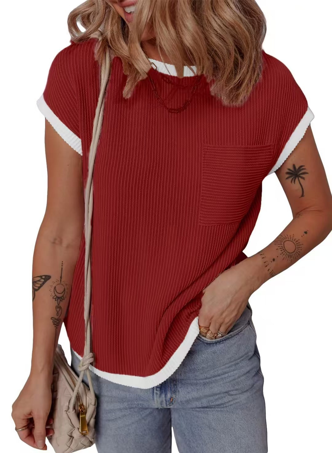 Contrast Trim Ribbed Cap Sleeve Tee - Winered