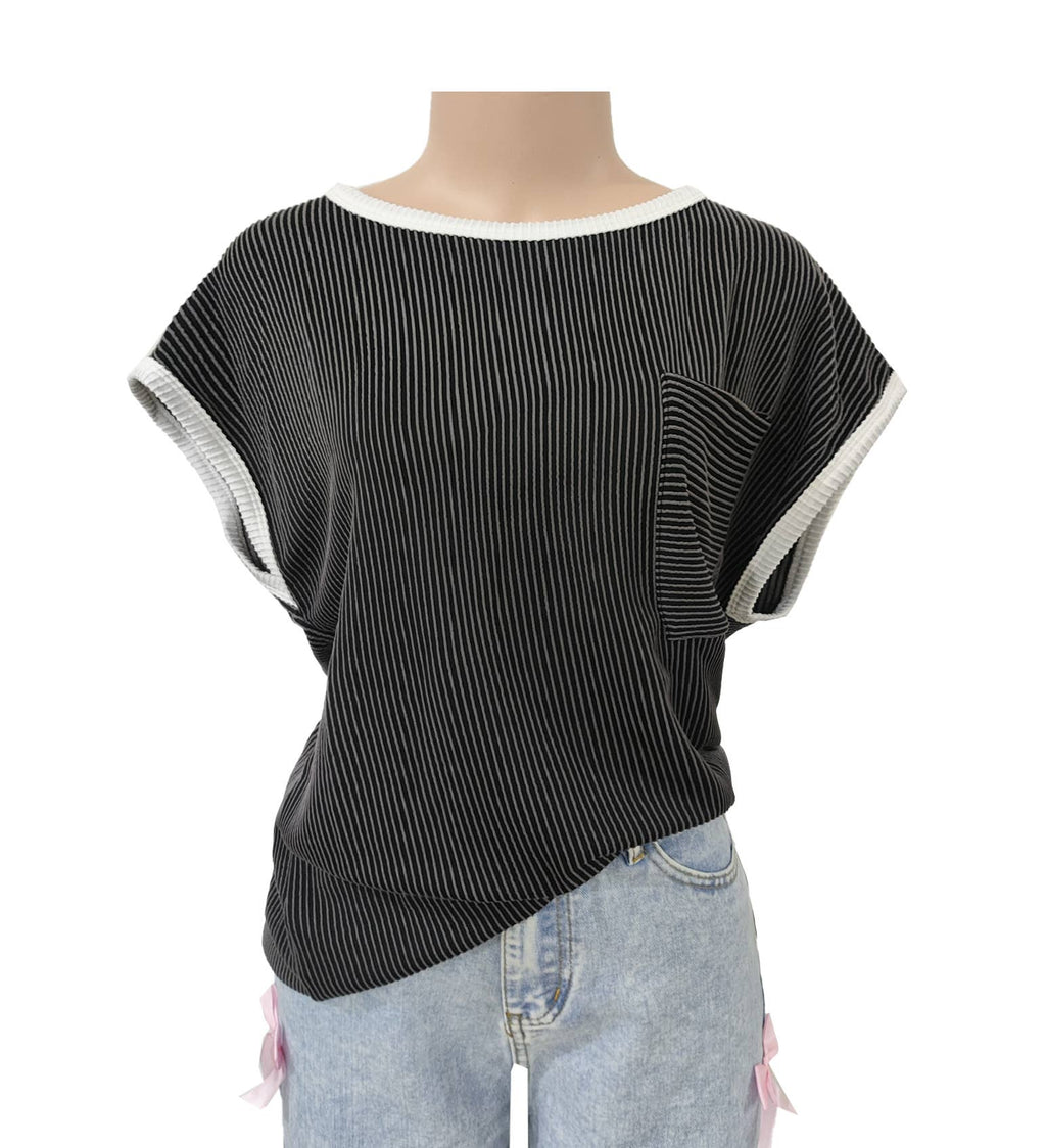 Contrast Trim Ribbed Cap Sleeve Tee
