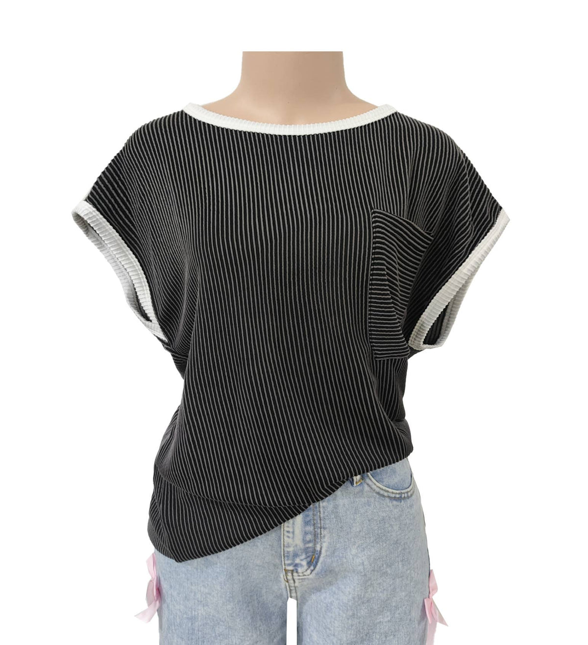 Contrast Trim Ribbed Cap Sleeve Tee