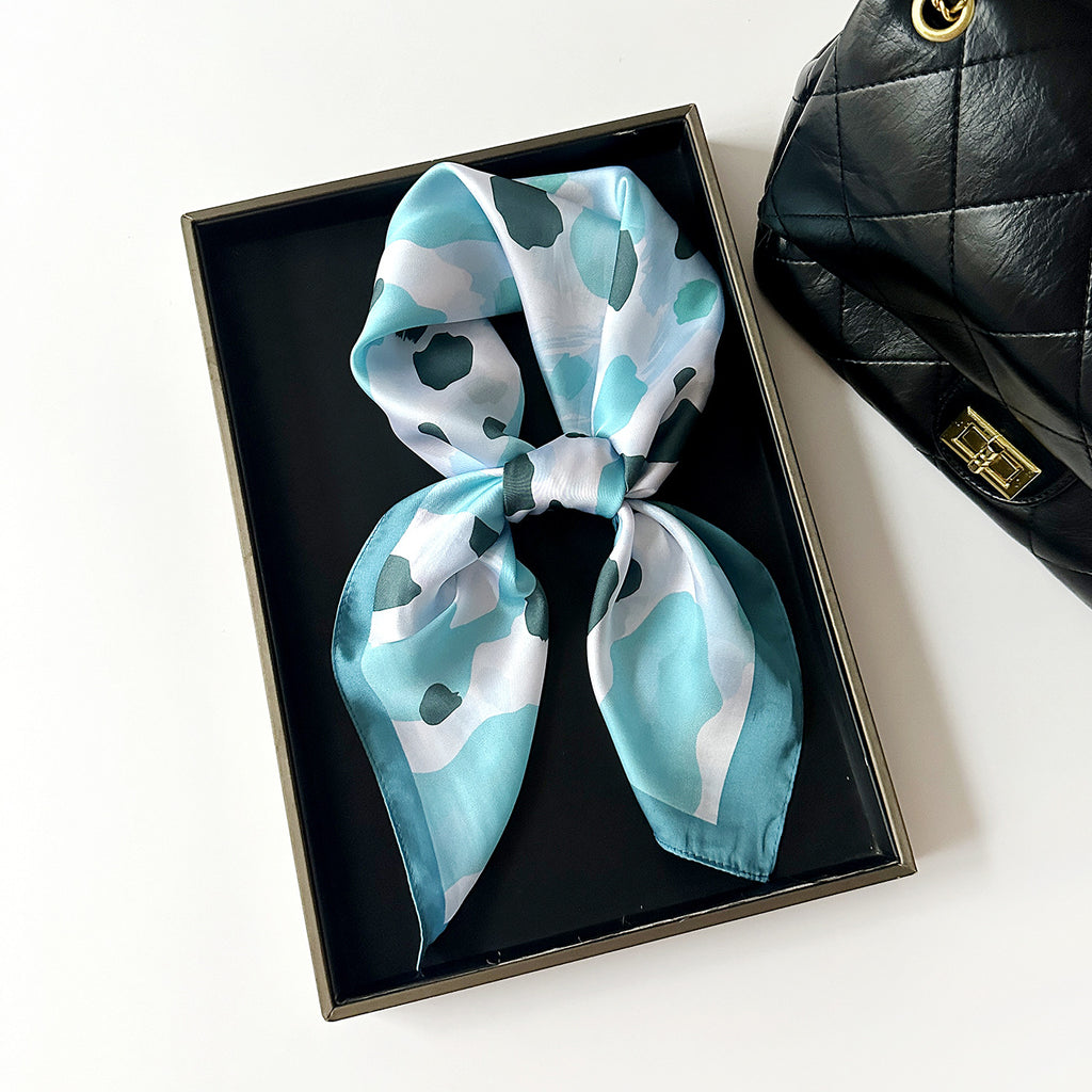 Silky Square Bandana Scarf With Painterly Spot Print - Blue